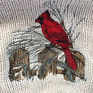 Shenandoah Women's Sweater Medium Embroidered Cardinal Beige Crochet Knit